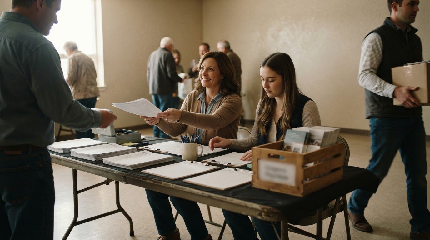 A community organization's team running its program in a plain hall or under a canopy outdoors: a folding table with stacked