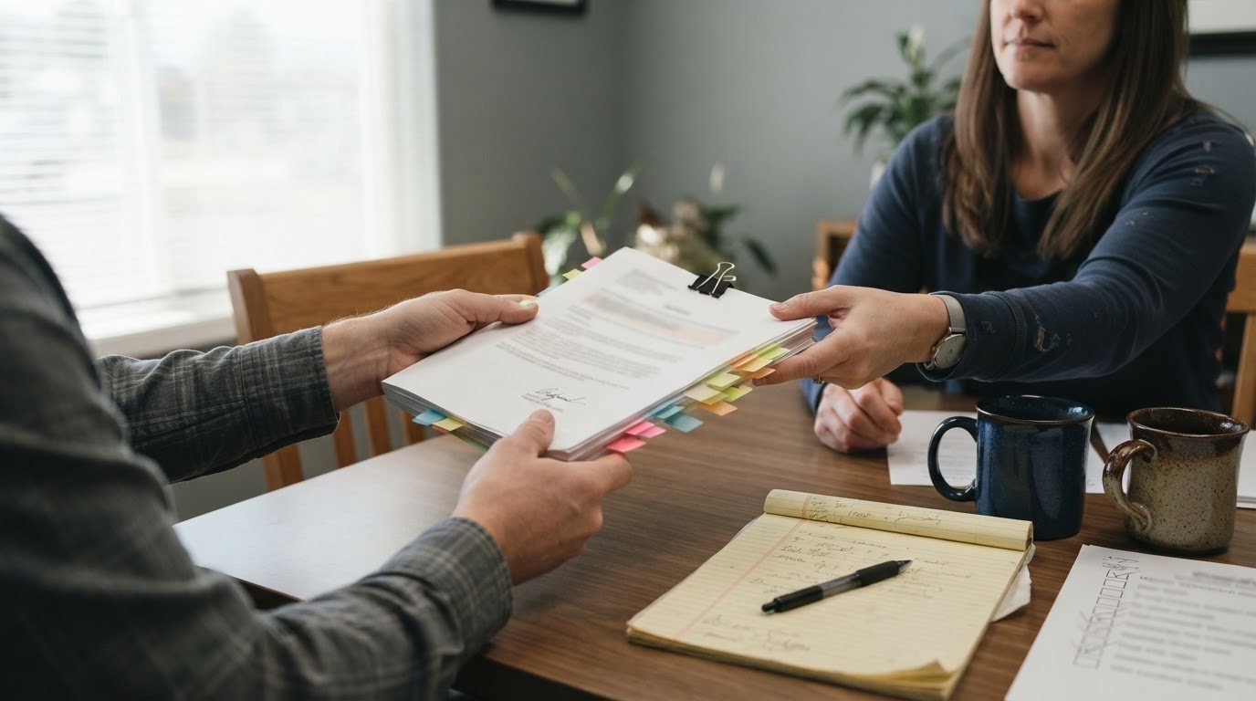 Two coffee mugs and a ticked printed checklist beside them, a pen resting on a legal pad